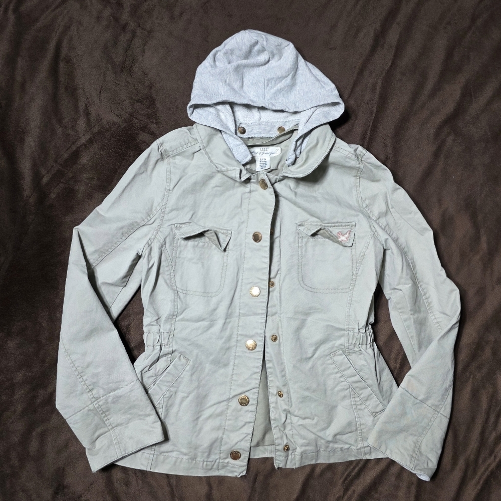 Girls LOGG Snap Front Jacket | KhakiLight Gray Hooded Jacket with Button Details